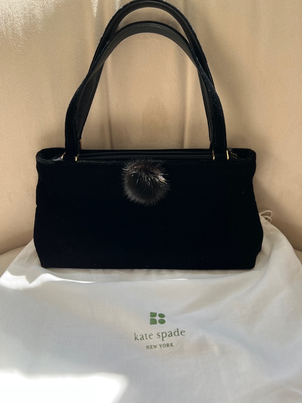 kate spade Black Velvet Top-Handle Bag with Fur Pom Accent